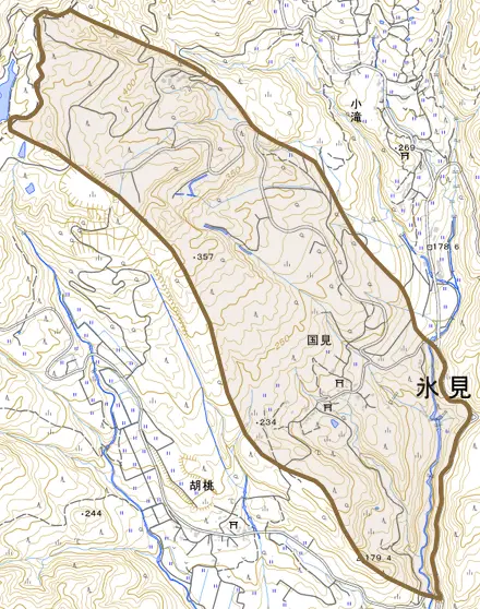 国見とその周辺の地図。町の範囲を重ねている