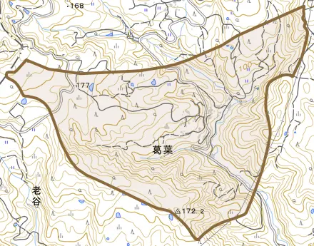 葛葉とその周辺の地図。町の範囲を重ねている