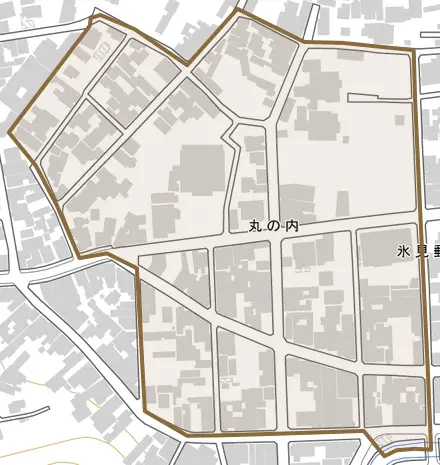 丸の内とその周辺の地図。町の範囲を重ねている