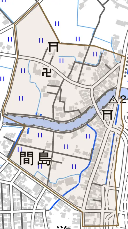間島とその周辺の地図。町の範囲を重ねている