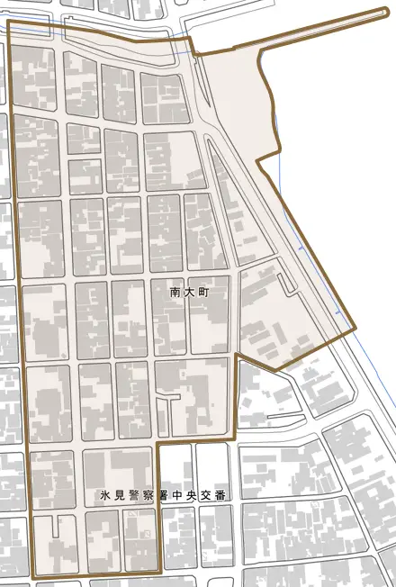 南大町とその周辺の地図。町の範囲を重ねている