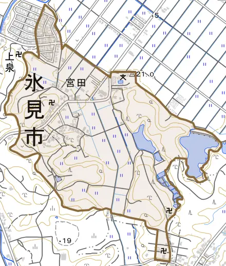 宮田とその周辺の地図。町の範囲を重ねている