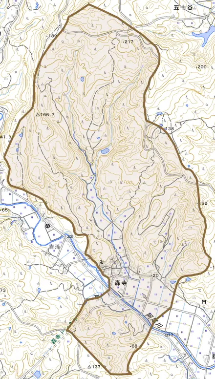 森寺とその周辺の地図。町の範囲を重ねている