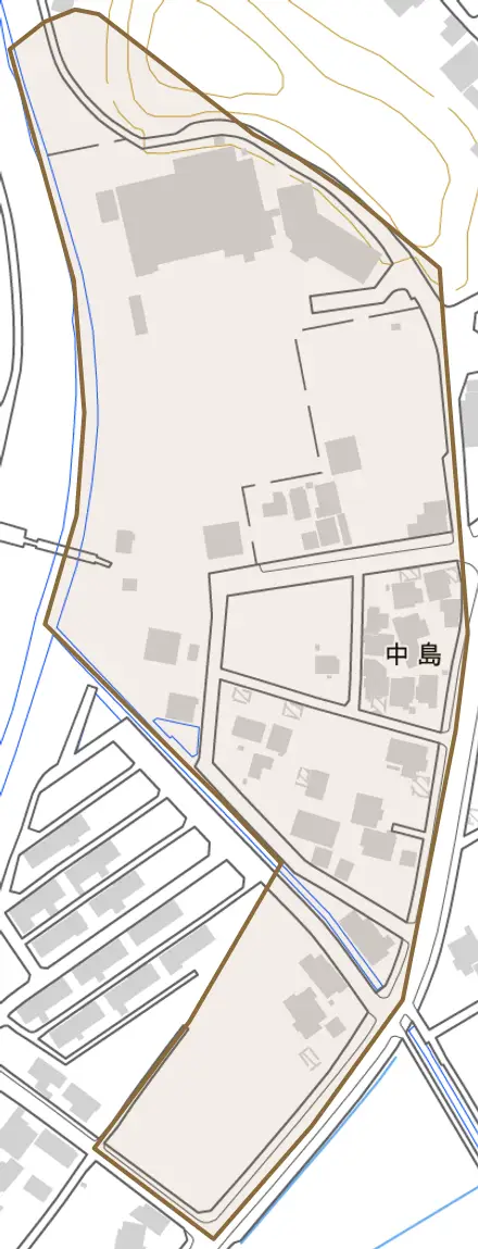 中島とその周辺の地図。町の範囲を重ねている