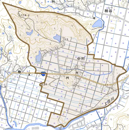 中村とその周辺の地図。町の範囲を重ねている