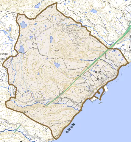 中波とその周辺の地図。町の範囲を重ねている