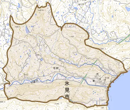 中田とその周辺の地図。町の範囲を重ねている