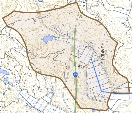 中谷内とその周辺の地図。町の範囲を重ねている