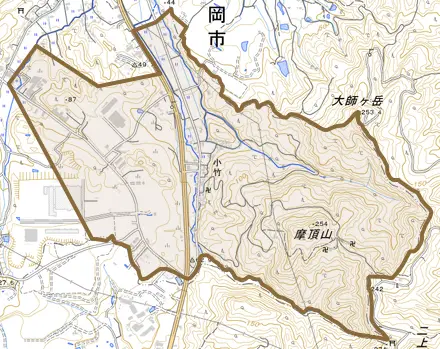 小竹とその周辺の地図。町の範囲を重ねている