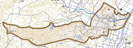 小久米とその周辺の地図。町の範囲を重ねている