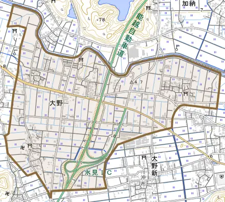 大野とその周辺の地図。町の範囲を重ねている
