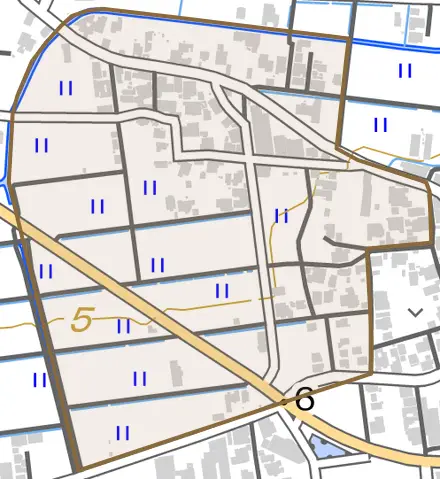 大野新とその周辺の地図。町の範囲を重ねている