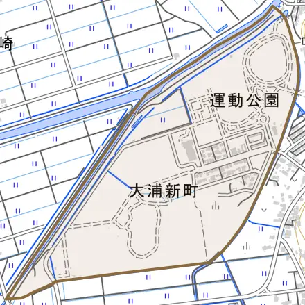 大浦新町とその周辺の地図。町の範囲を重ねている