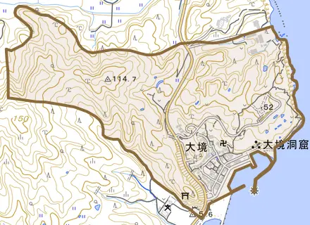 大境とその周辺の地図。町の範囲を重ねている
