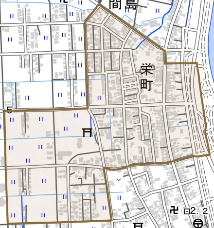 栄町とその周辺の地図。町の範囲を重ねている