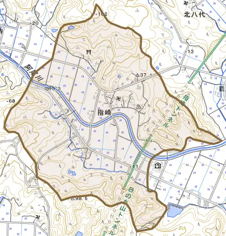 指崎とその周辺の地図。町の範囲を重ねている