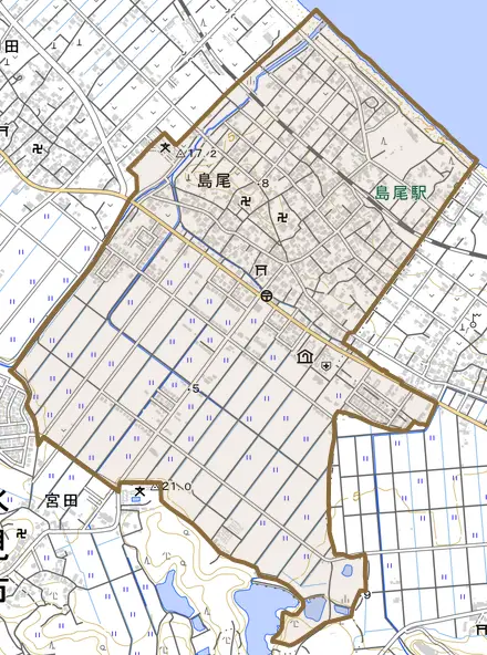島尾とその周辺の地図。町の範囲を重ねている