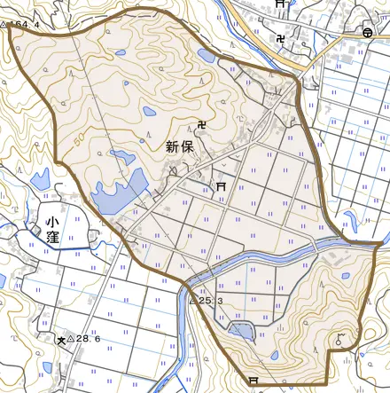 新保とその周辺の地図。町の範囲を重ねている