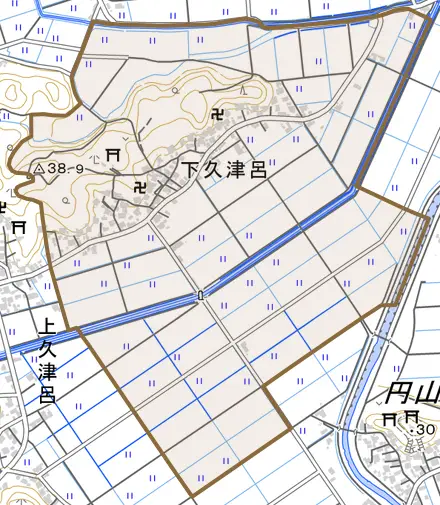 下久津呂とその周辺の地図。町の範囲を重ねている