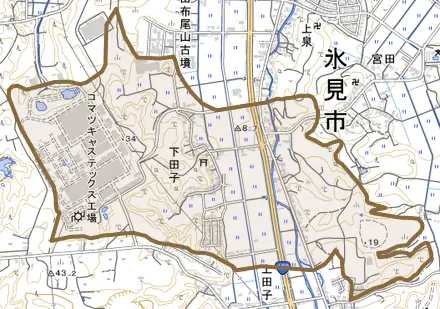 下田子とその周辺の地図。町の範囲を重ねている