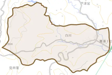 白川とその周辺の地図。町の範囲を重ねている