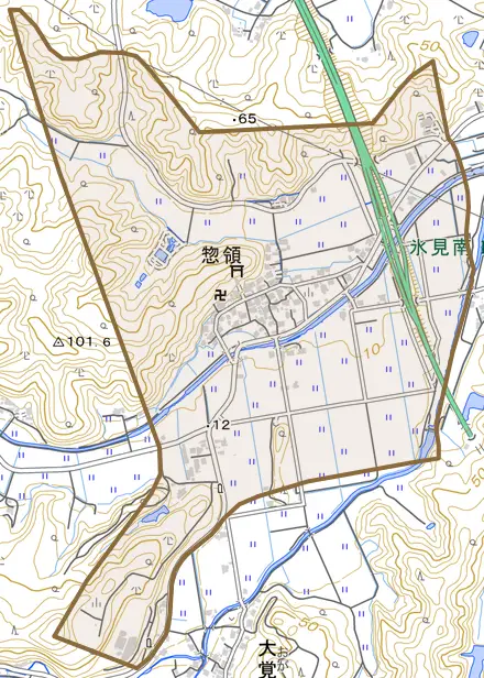惣領とその周辺の地図。町の範囲を重ねている