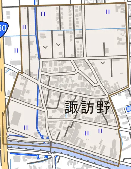 諏訪野とその周辺の地図。町の範囲を重ねている