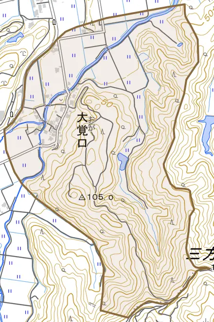 大覚口とその周辺の地図。町の範囲を重ねている
