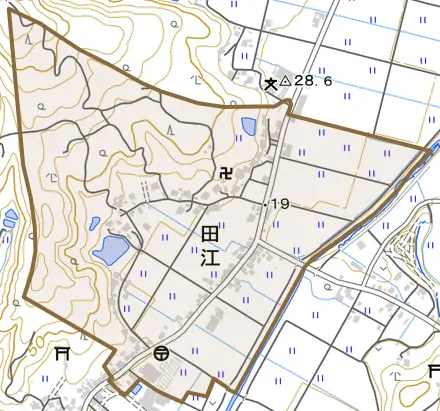 田江とその周辺の地図。町の範囲を重ねている