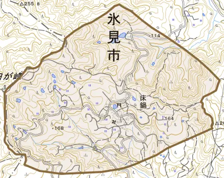 床鍋とその周辺の地図。町の範囲を重ねている