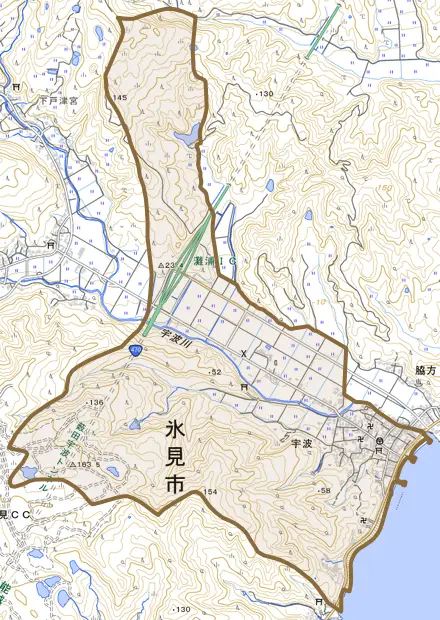 宇波とその周辺の地図。町の範囲を重ねている