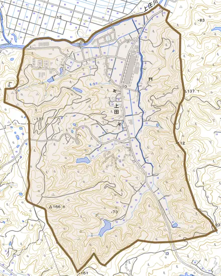 上田とその周辺の地図。町の範囲を重ねている