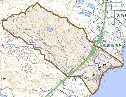 脇とその周辺の地図。町の範囲を重ねている