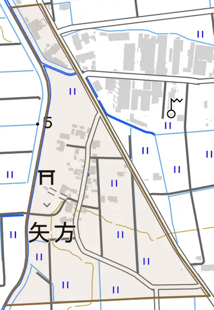 矢方とその周辺の地図。町の範囲を重ねている