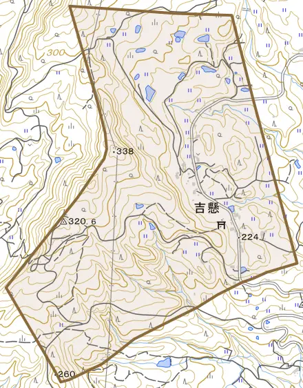 吉懸とその周辺の地図。町の範囲を重ねている