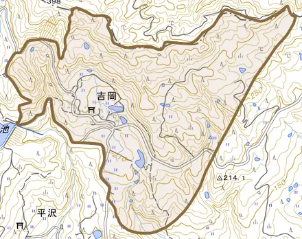 吉岡とその周辺の地図。町の範囲を重ねている