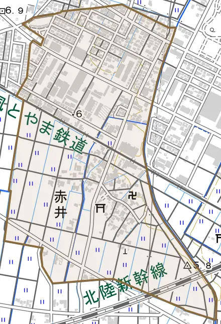 赤井とその周辺の地図。町の範囲を重ねている