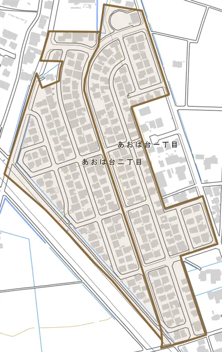 あおば台とその周辺の地図。町の範囲を重ねている