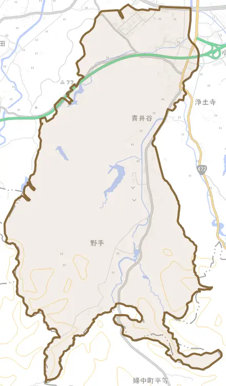 青井谷とその周辺の地図。町の範囲を重ねている