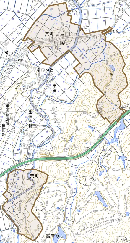 荒町とその周辺の地図。町の範囲を重ねている
