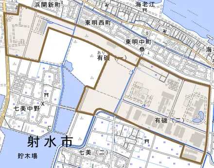 有磯とその周辺の地図。町の範囲を重ねている