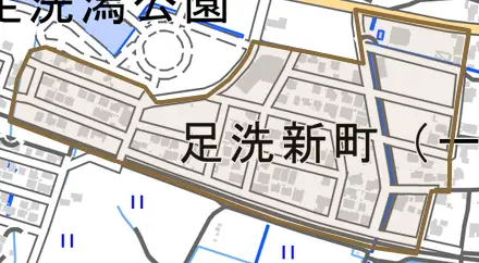 足洗新町とその周辺の地図。町の範囲を重ねている