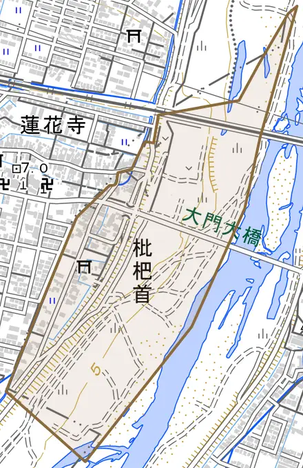 枇杷首とその周辺の地図。町の範囲を重ねている