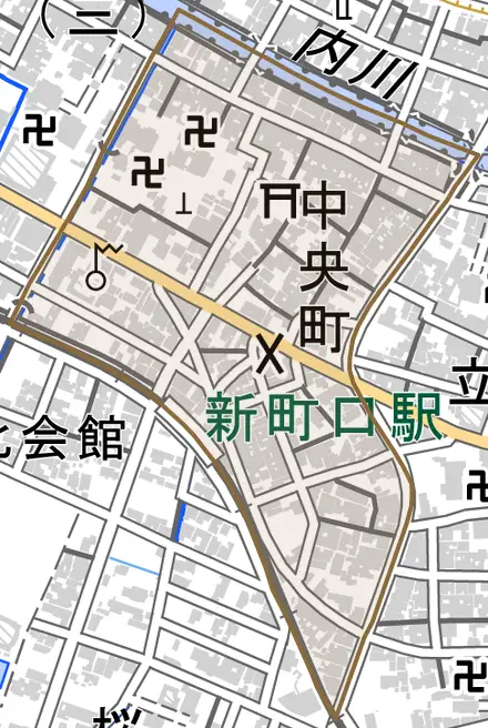 中央町とその周辺の地図。町の範囲を重ねている