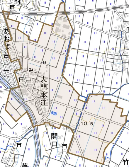 大門本江とその周辺の地図。町の範囲を重ねている