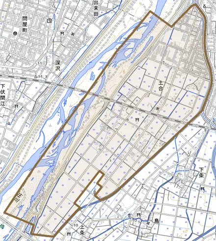 土合とその周辺の地図。町の範囲を重ねている