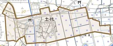 土代とその周辺の地図。町の範囲を重ねている