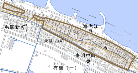海老江とその周辺の地図。町の範囲を重ねている