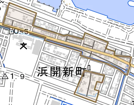 海老江浜開とその周辺の地図。町の範囲を重ねている