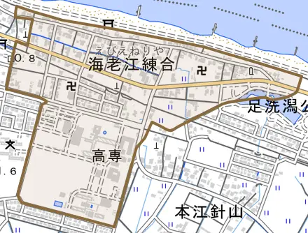 海老江練合とその周辺の地図。町の範囲を重ねている
